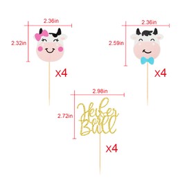 Heifer Or Bull Cupcake Toppers, Cute Cow Gender Reveal, Farm Baby Shower Decor, Double-Sided Glitter (12Pcs)