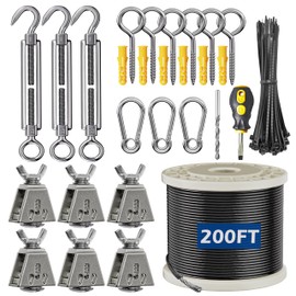 String Lights Suspension Kit 200FT 304 Stainless Steel Wire Rope Black Nylon Coated Cable Heavy Duty Outdoor String Light Hanging Kit for Garden, Patio and Backyard(Quick Installation System)