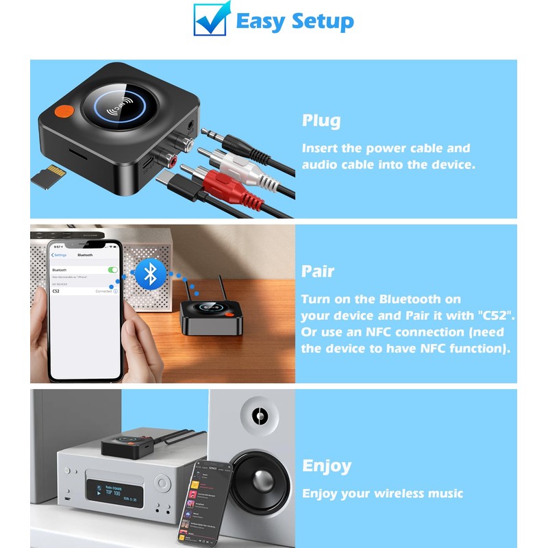Bluetooth Receiver for Home Stereo, AUX RCA to Bluetooth Adapter