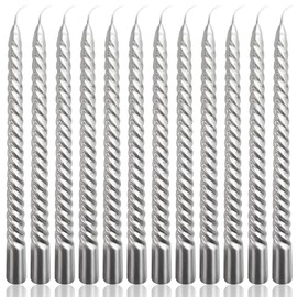 10 Inch Silver Spiral Taper Candles Set for Holiday Decor, 12 Pack Unscented Twisted Candlesticks, Dripelss Thin Tapered Candles for Wedding Dinner Parties Galas Award Ceremonies Religious