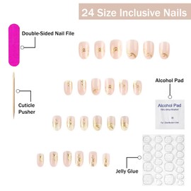 Short Oval Press on Nails SWEKKE Fall French Tip Fake Nails Glossy False Nails with Gold Lines Designs Nude Full Cover Autumn Acrylic Nails for Women Girls 24Pcs