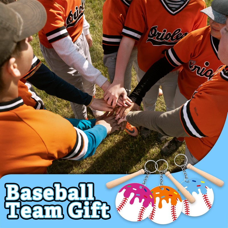 12 Pcs Baseball Acrylic Keychains with Mini Wooden Bats, Ice