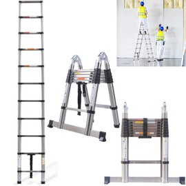 3.8M Telescopic Ladder Extension Ladder with Stabilizer Bar, 1.9m+1.9m A-Frame DIY Multi Purpose Ladder, Extendable Loft Ladder Collapsible Ladder Portable Folding Step Ladder, Max Load 150kg, EN131