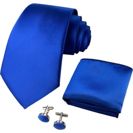 CANGRON Men Royal Blue Solid Tie Basic Necktie Pocket Square Cufflinks Tie Set LSC8BL