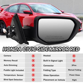 MOFOAP Passenger Side Mirror Compatible With 2016 2017 2018 2019 2020 2021 Honda Civic Coupe Sedan Hatchback,Mirror with Power Glass,Non-Heated,Manual Folding(Red)