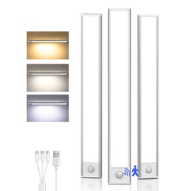 Under Cabinet Lighting Wireless,Rechargeable Battery Motion Sensor Light Indoor,LED Closet Lights USB Charging,3 Color Dimmable Under Cabinet Lights for Kitchen, Cabinet, Wardrobe (3 Pcs)12in