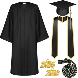 Tigeen Unisex Adult Graduation Gown Cap Tassel Set Matte Uniforms 2025 Charms Cord and Stole for College High School Graduate(Black, 42)