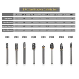 HIDOTOL Carbide Burr Set 1/4" Shank 8PC Tungsten Double Cut Carbide Rotary Burr Set for Metal and Wood Carving, Grinding, Polishing, Engraving, Drilling in Sturdy Round Case.