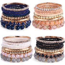 MILACOLATO 4 Sets Boho Bracelets for Women Multi-Color Layered Stackable Natural Beaded Bracelets Adjustable Stretch Bohemian Bracelets A