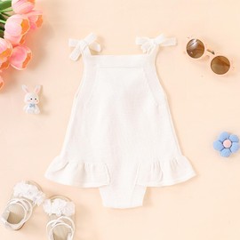 Baby Girl Knit Romper Summer Sleeveless Tie up 3D Cherry Crochet Bodysuit One Piece Jumpsuit Newborn Girls Overalls Outfit (White, 0-3 Months)