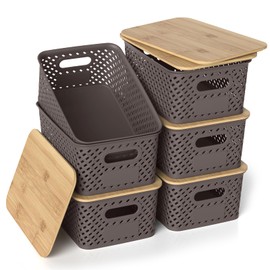 ZFTMRR Plastic Storage Bins with Bamboo Lids, Stackable Small Box Baskets for Organizing and Containers for Shelves Drawers Desktop Closet Pantry Classroom Office Home, 6 Pack 10.2x7.2x4.1 Inch, Brown