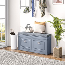 HOMCOM Modern Shoe Rack Bench for Entryway, Storage Organizer with Cushion, 2 Drawers, Adjustable Shelf, Holds 8 Pairs, Gray