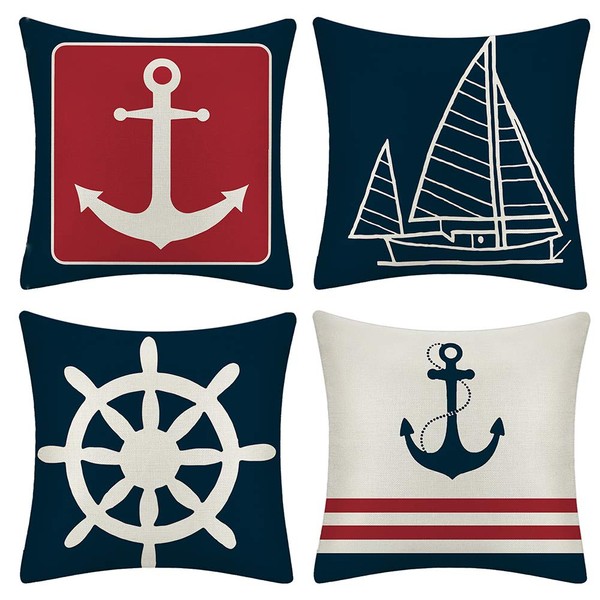JOTOM Set of 4 Decorative Cushion Covers Square Nautical Sailing