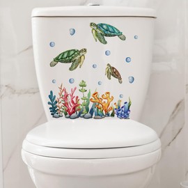 Under The Sea Toilet Stickers Seaweed Coral Sea Turtle Toilet Lid Decals Bathroom Decorative Wall Stickers Removable Peel And Stick Toilet Seat Lid Cover Decor Self-Adhesive WC Restroom Wall Art Mural