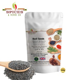 Basil Seeds (Tulsi, Tukmaria, Sabja, Subja, Subza, Sabza, Tukhmalanga) by Spices&herbsuk - Tukmaria Seeds High in Calcium, Magnesium & Iron - Perfect for Milkshake, Falooda, Faluda & Sherbet - 100g