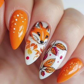 24Pcs Almond Press on Nails Maple Leaves Fake Nails Fall Cute False Nails with Fox Designs Full Cover Glossy Stick on Nails Autumn Glue on Nails Acrylic Nails for Women Manicure Kit