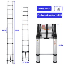 Qimu Aluminum Telescoping Ladder 12.5FT Portable Extension Ladder Multi-Purpose Lightweight Folding Ladder RV Collapsible Ladder with Non-Slip Feet Loft Ladder for Home, 330 Lb Capacity, EN131