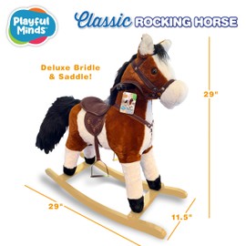 Playful Minds - Rocking Horse with Animated Tail and Mouth, Includes Sound Effects, 29-Inch Tall with Saddle and Rockers - Realistic Bridle, Reigns, Soft Stuffed Pony