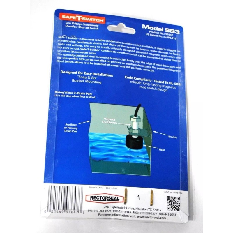 Rectorseal No. 97647 Safe-T-Switch SS3 Condensate Drain Pan Switch New