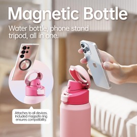 Magcheer Insulated Magnetic Water Bottle - Reusable Stainless Steel Bottle with MagSafe Compatible Phone Holder - Keeps Cold for 24 Hours - Perfect for Gym, Sports, and Travel - Pink 32oz