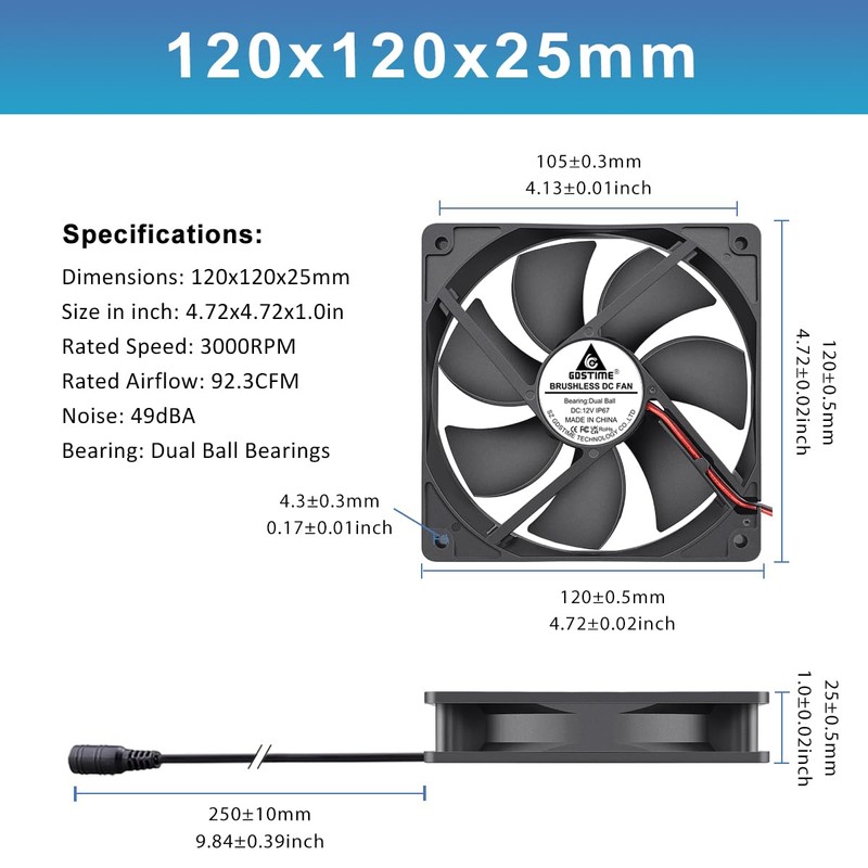GDSTIME IP67 Waterproof Fan, 120mmx25mm DC 12V Brushless Cooling Fan,