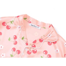 Beezizac Little & Big Girls Pajama Set Cherry Pink Satin Silky Soft Long Sleeve Cute 2-Piece Winter Jammies Kid Size 8