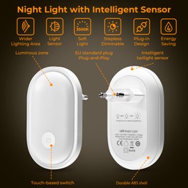 Alyvisun LED Night Light Electric Touch Control Night Lamp with Twilight Sensor and Adjustable Brightness Night Light for Kids Bedroom Stairs Hallway Kitchen