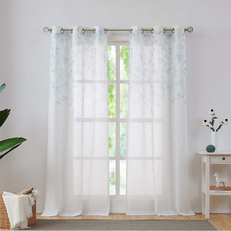 Central Park Leaf Floral Print Metallic Sheer Linen Window Curtain