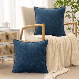 ANRODUO Pack of 2 Navy Blue Chenille Throw Pillow Covers 18x18 Inch Farmhouse Decorative Pillow Covers with Stitched Edge Soft Throw Pillows for Couch Sofa Bed and Living Room Fall Boho Home Decor