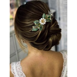 Casdre Peine para el pelo de la novia con flores y hojas verdes doradas, peine lateral para novia, pieza de fiesta de graduación, accesorios para el cabello de cristal para mujeres y niñas