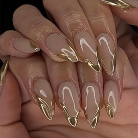 HOSAILY Gold French Tip Press on Nails Medium Almond, 3D Chrome Gold Design Full Cover Stick on Nails for Women, 24Pcs Glossy Soft Gel Nude Fake False Nails Stiletto Artificial Nails Kit