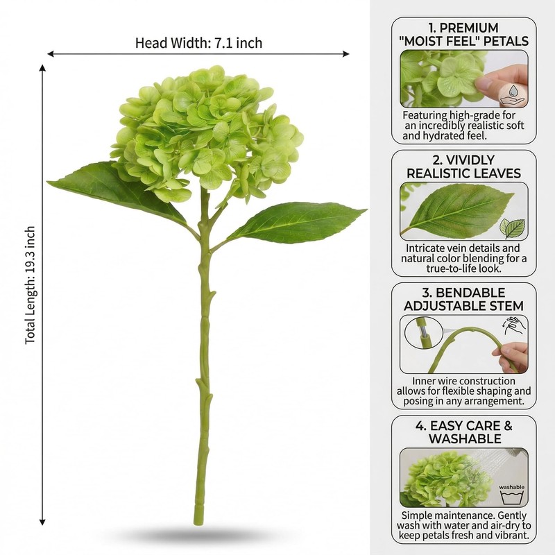 4 Pcs Real Touch Artificial Hydrangea flowers，Realistic Fake Flowers，Green