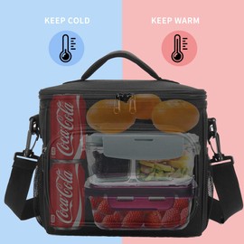 FlowFly Insulated Reusable Lunch Bag Adult Large Lunch Box for Women and Men with Adjustable Shoulder Strap,Front Zipper Pocket and Dual Large Mesh Side Pockets, Black