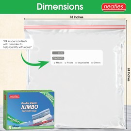 Neaties 5 Gallon Resealable Bags – Heavy Duty Jumbo Freezer Bags with Dual Zipper – 18x24" Extra Large with Writable Space for Kitchen or Home Storage – BPA-Free Food Grade Plastic – 14 Pack