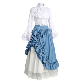 1800s Victorian Renaissance Dress for Women Two-Pieces Medieval Civil War Ball Gowns Costume XL Blue