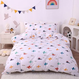 JSD Airplane Kids Duvet Cover Set Twin Size, 2 Piece Soft Printed Microfiber Comforter Cover with Pillow Sham Zipper Closure