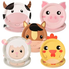50pcs Farm Party Paper Plates, Cartoon Animal Disposable Plates Cute Chicken, Cow, Horse, Pig and Sheep Farm Animals Tableware Farm Birthday Party Supplies for Girls Birthday Party Baby Shower