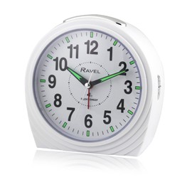 Ravel - Large Art Deco Bedside/Mantel Quartz Alarm Clock with Silent Sweep Second Hand, Snooze and Light - RC035.4 - Gloss White