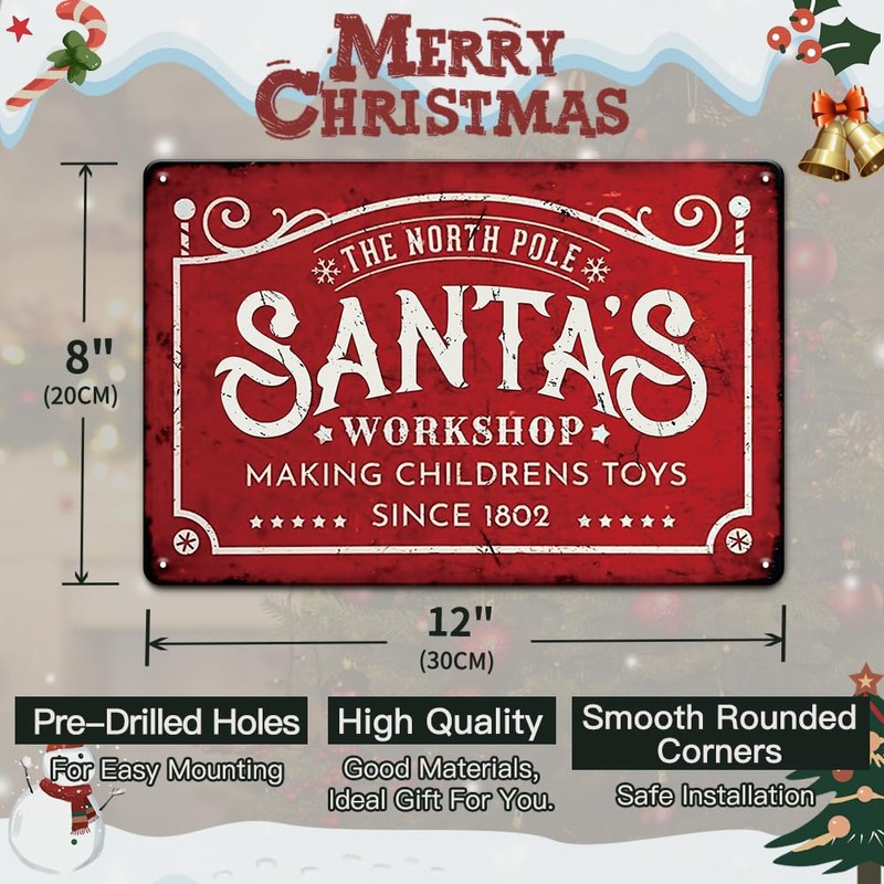 Retro Santa's Workshop Sign - 8x12 Inches Funny Christmas Wall