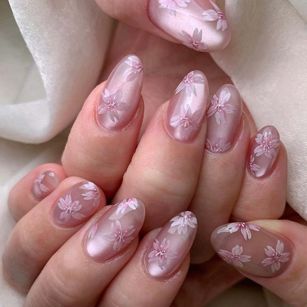 Oval Press on Nails Pink Flower Fake Nails Spring Cherry