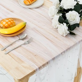 2 Pcs White Table Cloth with Pearls 1.5x3m Tulle Tablecloth Soft Veil Romantic Table Runner Rectangle Dessert Table Cloth White Table Cover for Arch Dessert Table Decorations