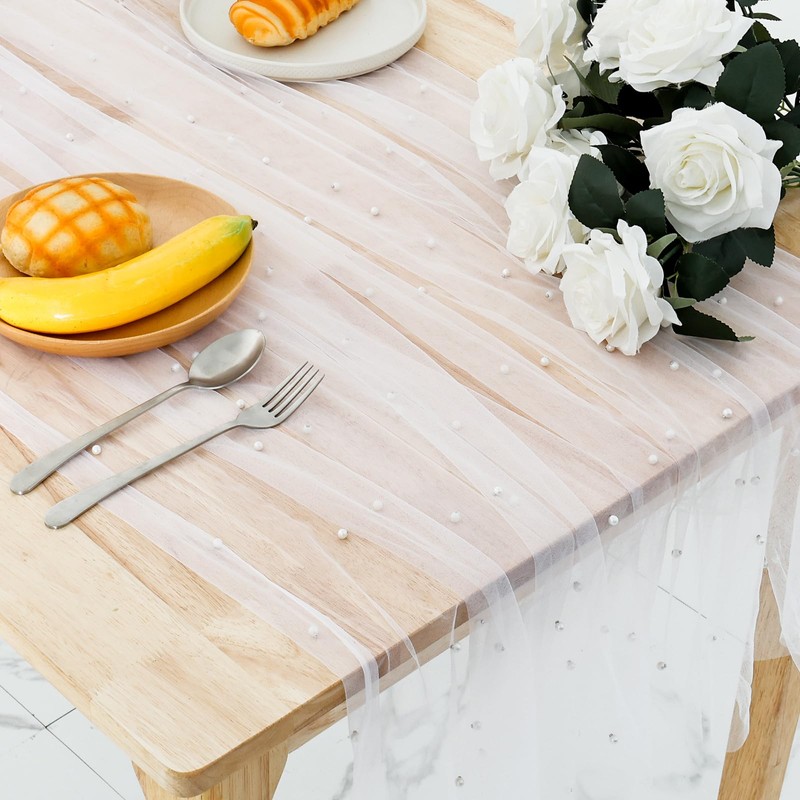 2 Pcs White Table Cloth with Pearls 1.5x3m Tulle Tablecloth
