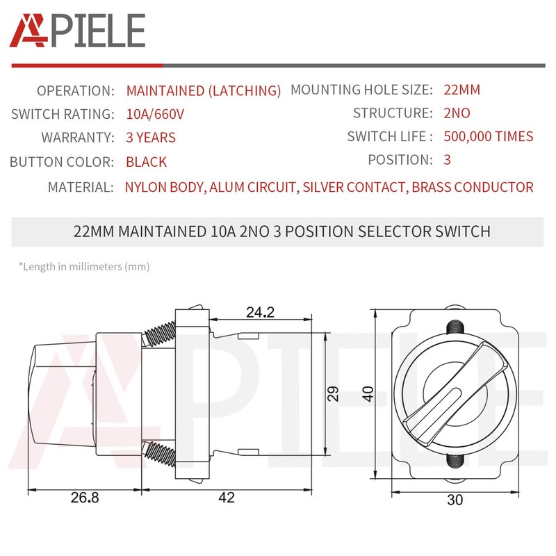 APIELE (Pack of 2) 22mm 3 Position Selector Switch Maintained
