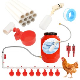 Automatic Chicken Waterer System Complete Set Pipeline Poultry Water Feeder with Water Cups, Float Valve, Garden Hose for DIY (Bucket Not Included)