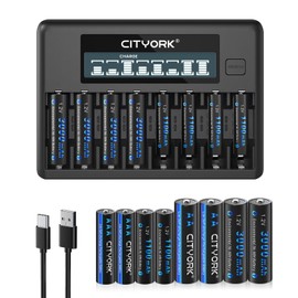 CITYORK Rechargeable AA AAA Batteries with Charger, 8 Pack AA-3000mAh & 8 Pack AAA1100mAh Batteries with 8 Bay LCD Smart Charger for 1.2V AA/AAA NiMH/NiCd Rechargeable Batteries