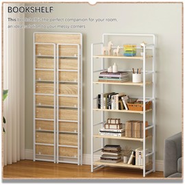 4NM No Assembly 5 Tiers Folding Bookshelf Storage Shelves Vintage Bookcase Standing Racks Study Organizer Home Office (Natural White)