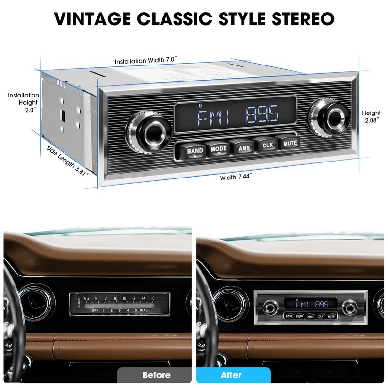 Retro Vintage Radio for Classic Vehicle - Single Din Bluetooth