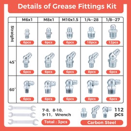 112 Pcs Grease Fittings Kits, SAE & Metric Hydraulic Grease Zerk Fittings Assortment Kit Straight 45 90 Degree with Wrench Kit(7-11mm) for Grease Gun Mechanical Lubrication