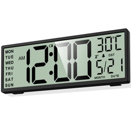 XREXS 14.5" Digital Wall Clock Battery Operated with Big Digits LCD Screen Display, Large Display Timer with Temperature Date Week Auto DST, Alarm Clock for Classroom, Livingroom, Office