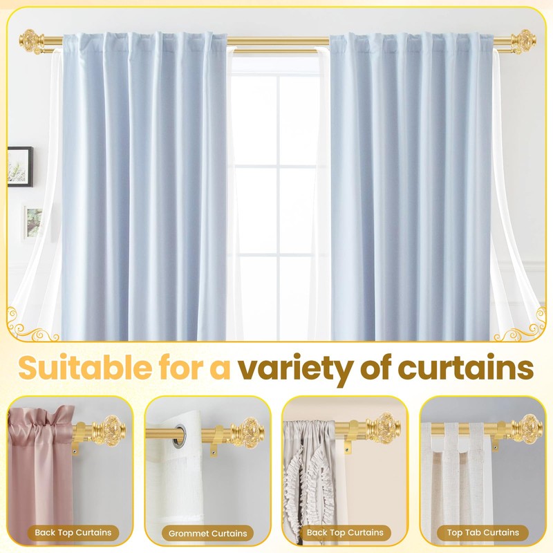 BHSRODS 1" Modern Gold Double Curtain Rod Glass Ends, 48